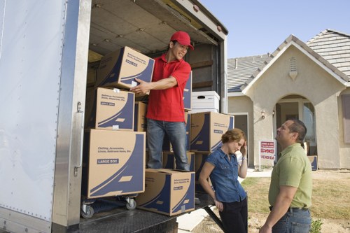Packed office furniture and equipment ready for transport