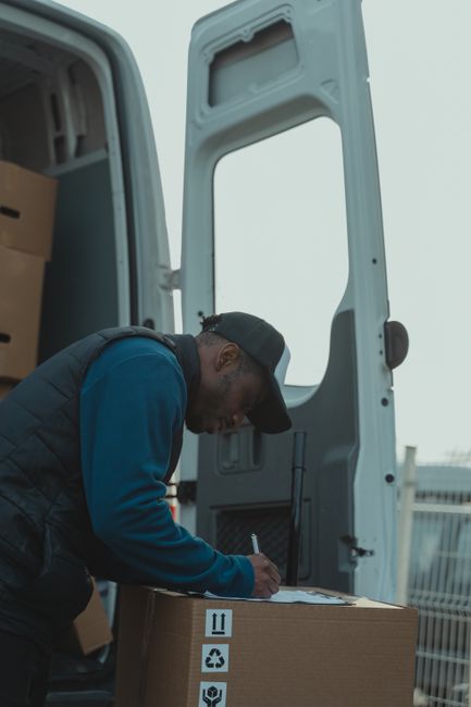 A man with a beard and wearing a red cap, a checkered shirt, a beige and brown jacket, and grey gloves stands inside a van during a home relocation. The van's interior shows cardboard boxes stacked on the floor behind him, some taped and sealed for transport. The man appears to be inspecting or preparing for the loading process, with his hands resting at his sides. The background includes part of the van's cargo area and a glimpse of the outdoors through the windows, indicating the ongoing process of furniture transport and packing involved in a house move. This setting illustrates typical steps in furniture transport and loading as part of a professional removals service, such as those provided by Man and Van Haringey, supporting efficient home relocation activities.
